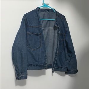 Oversized collarless denim jacket